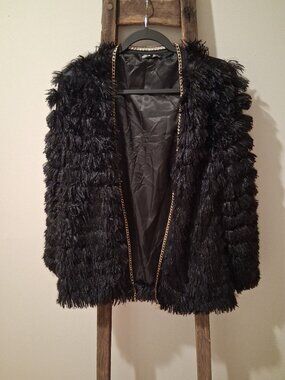 Shein Black Shaggy Faux Fur Size Med Layered Cardigan Jacket - Gold Chain Trim